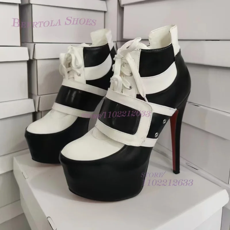 

Black 3Cm Platform Stiletto Sandals Women White Leather Lace-Up Sports Round Toe Cover Buckle Concise Calf Booties Summer Shoes