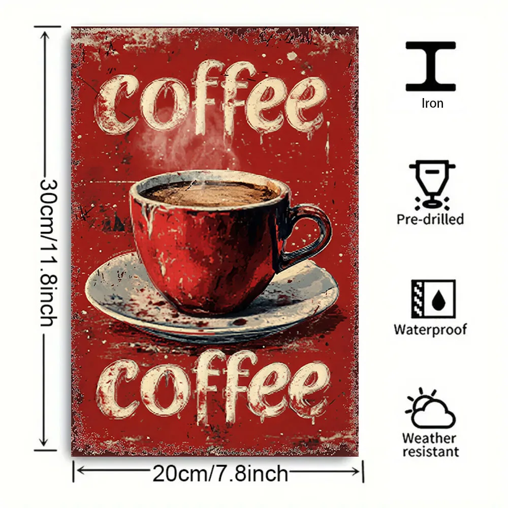 1pc Vintage Coffee Rustic Metal Sign | 8x12in Retro Red Cup Wall Art | Kitchen/Bar Room Aesthetic Enhancement Decor