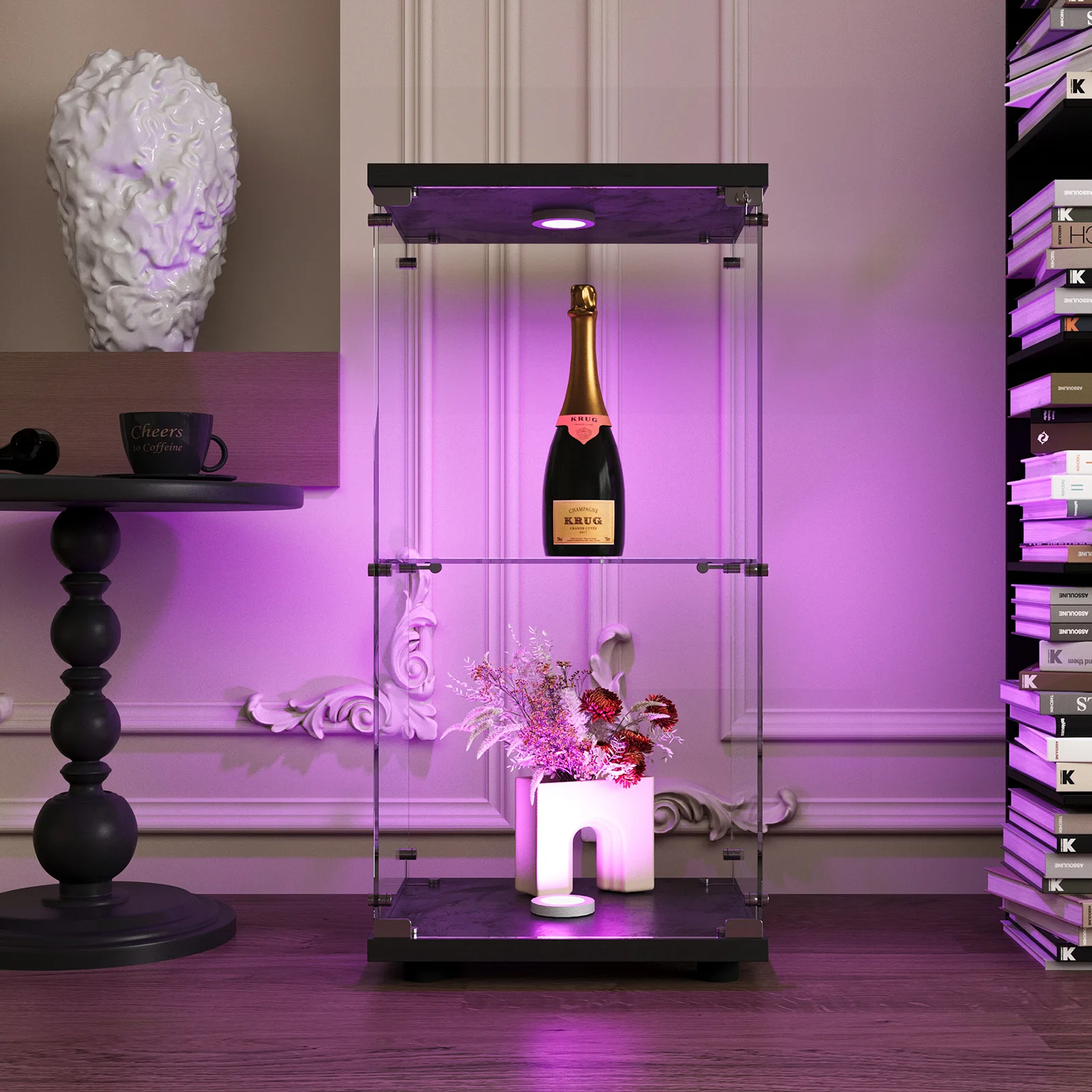 خزانة عرض زجاجية من كومانلاي مع إضاءة LED، خزانة عرض من الزجاج المقسى بطبقتين، خزانة قائمة على الأرض لغرفة المعيشة، أسود #2