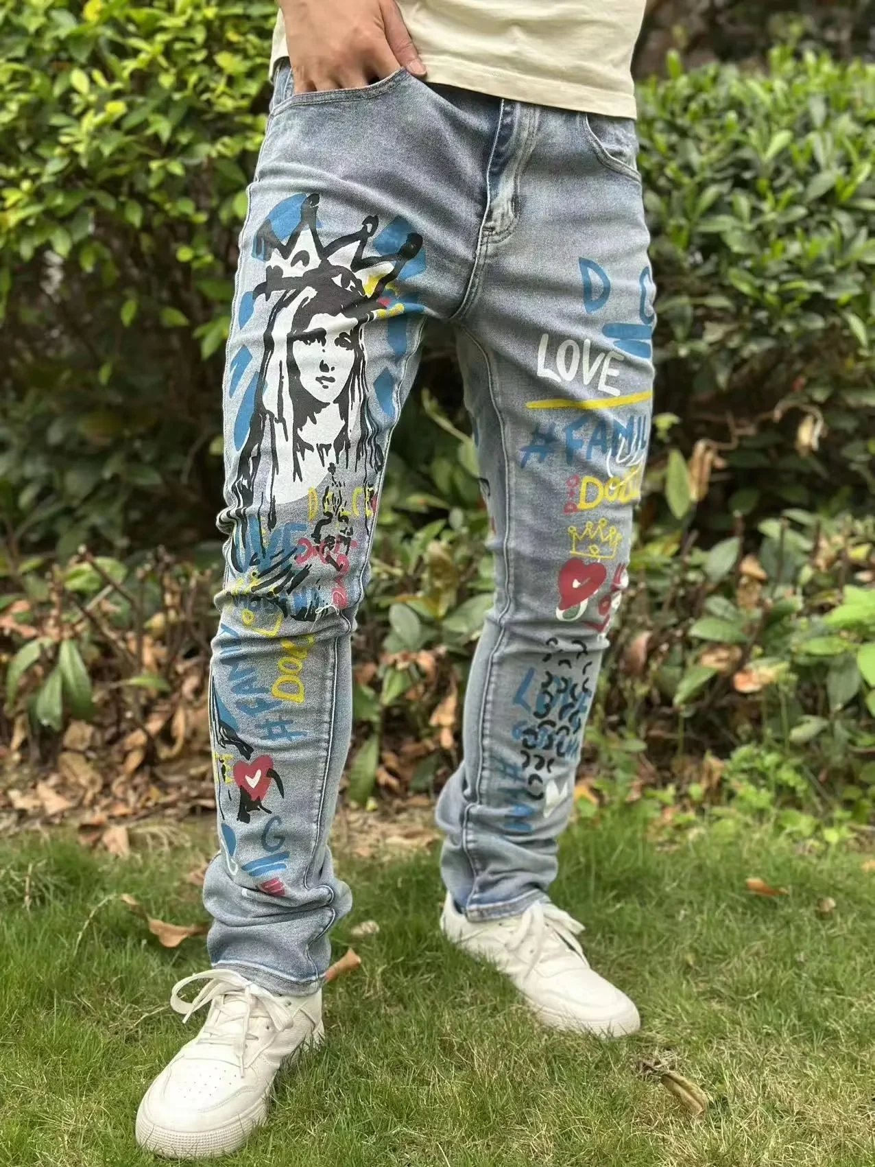 

Classic Light Blue Men's Jeans From 2025 Featuring Fashionable Prints Straight Leg Style And Street Skateboarding Design