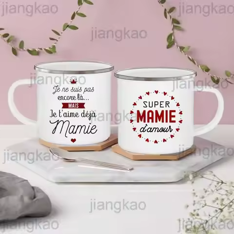 Super Mamie I Love You Printed Enamel Mug Drink Milk Coffee Cups Pregnancy Announcement Mugs Best Idea Gifts for Grandmother