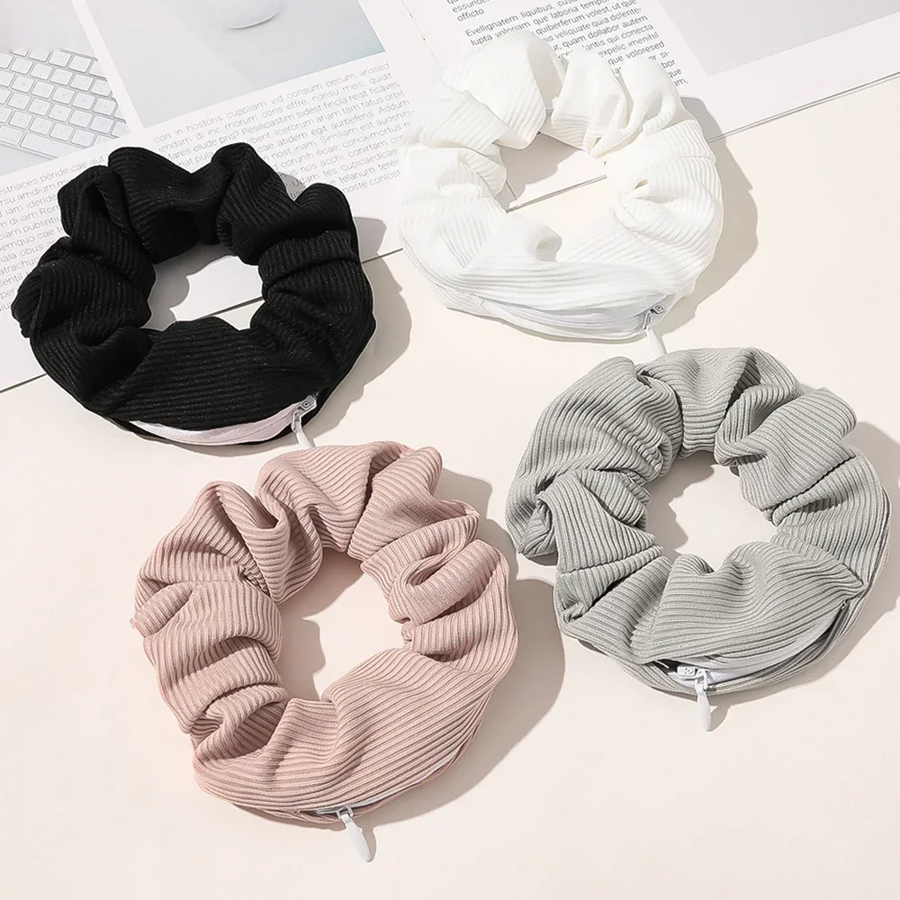 

Velvet Striped Zipper Scrunchie Elastic Hair Bands With Zip Small Wallet Headwear Ponytail Hair Ties Women Hair Accessories