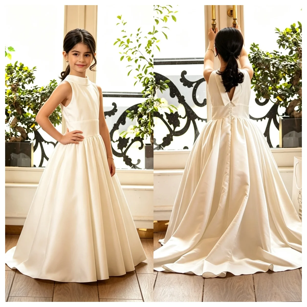 2026 Simple White Satin Flower Girl Dress High Stand Collar Sleeveless Hollow Trailing Puff Skirt Girls First Communion Dress