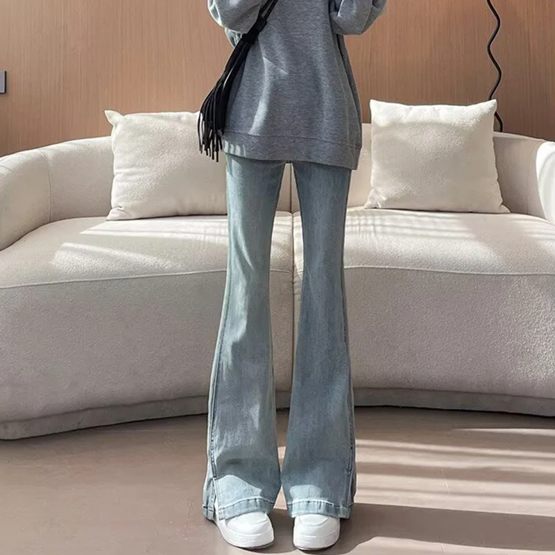 Winter Girls Designer Solid Flared Jeans Lady Korean High Waist Slim Fit Trousers Women Fashion Raw Edge Denim Pants