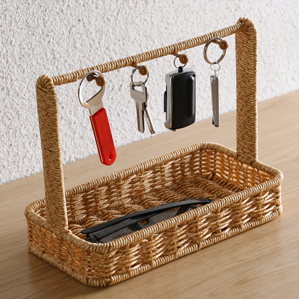 

Rattan Storage Basket Woven Key Tray for Entryway Decor Lightweight Handle Desk Organizer Kitchen Sundries Container