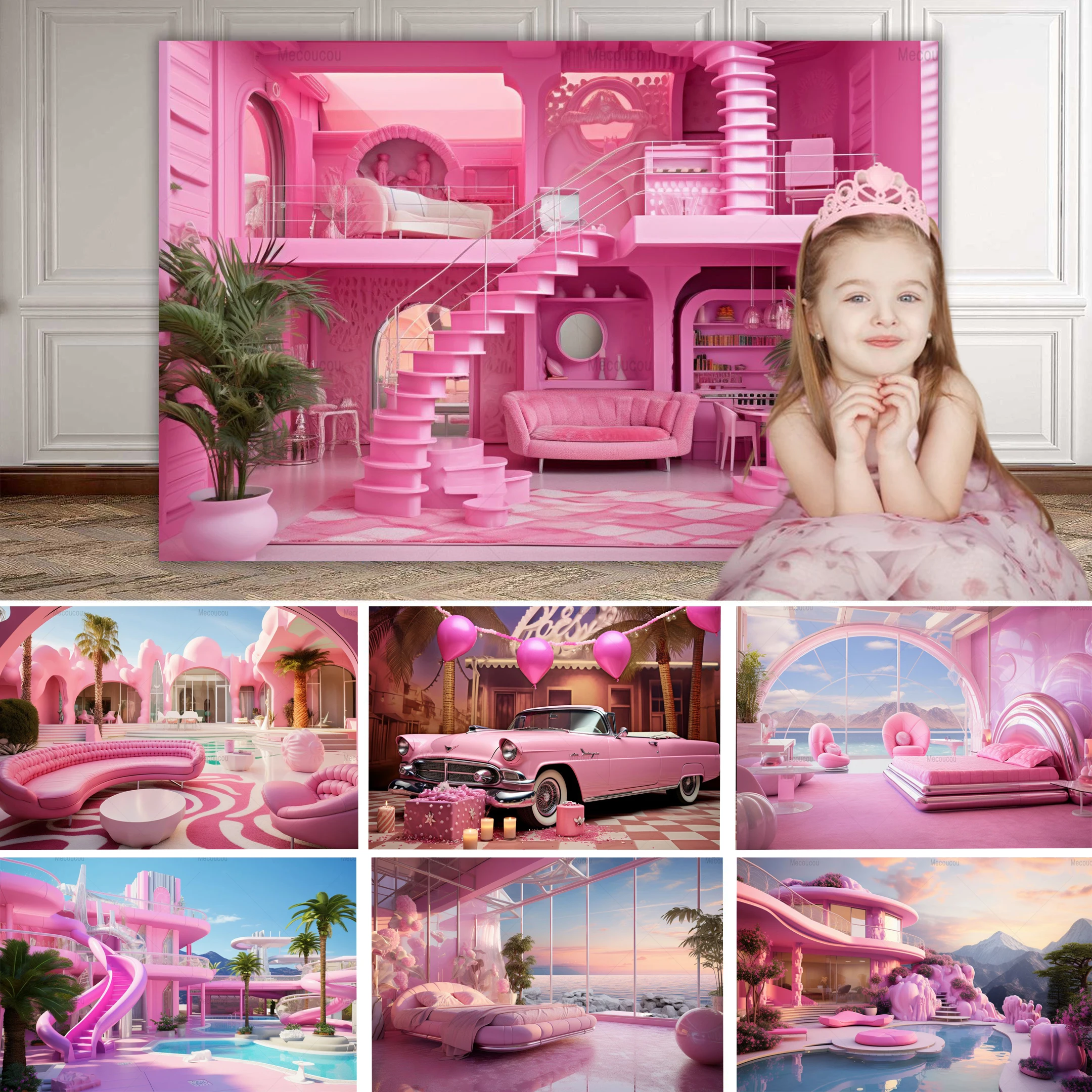 New Pink Car Beach Surf Shop Girls Princess Backdrop swimming pool Party Birthday Decor Tea Time Photography Photo Background