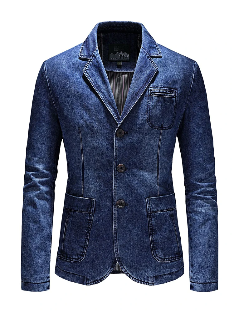 

Men's Washed Vintage Denim Suit Casual Single Breasted Coat For Daily Office Party Wear Classic Jean Blazers With Pockets Jacket
