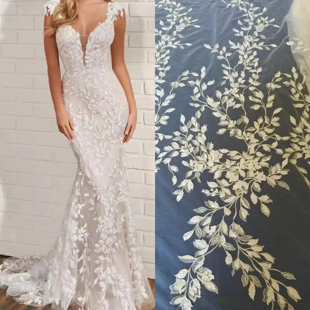 Fashion leaf lace wedding gown dress lace fabric 130cm width ivory wedding fabric sell by yard