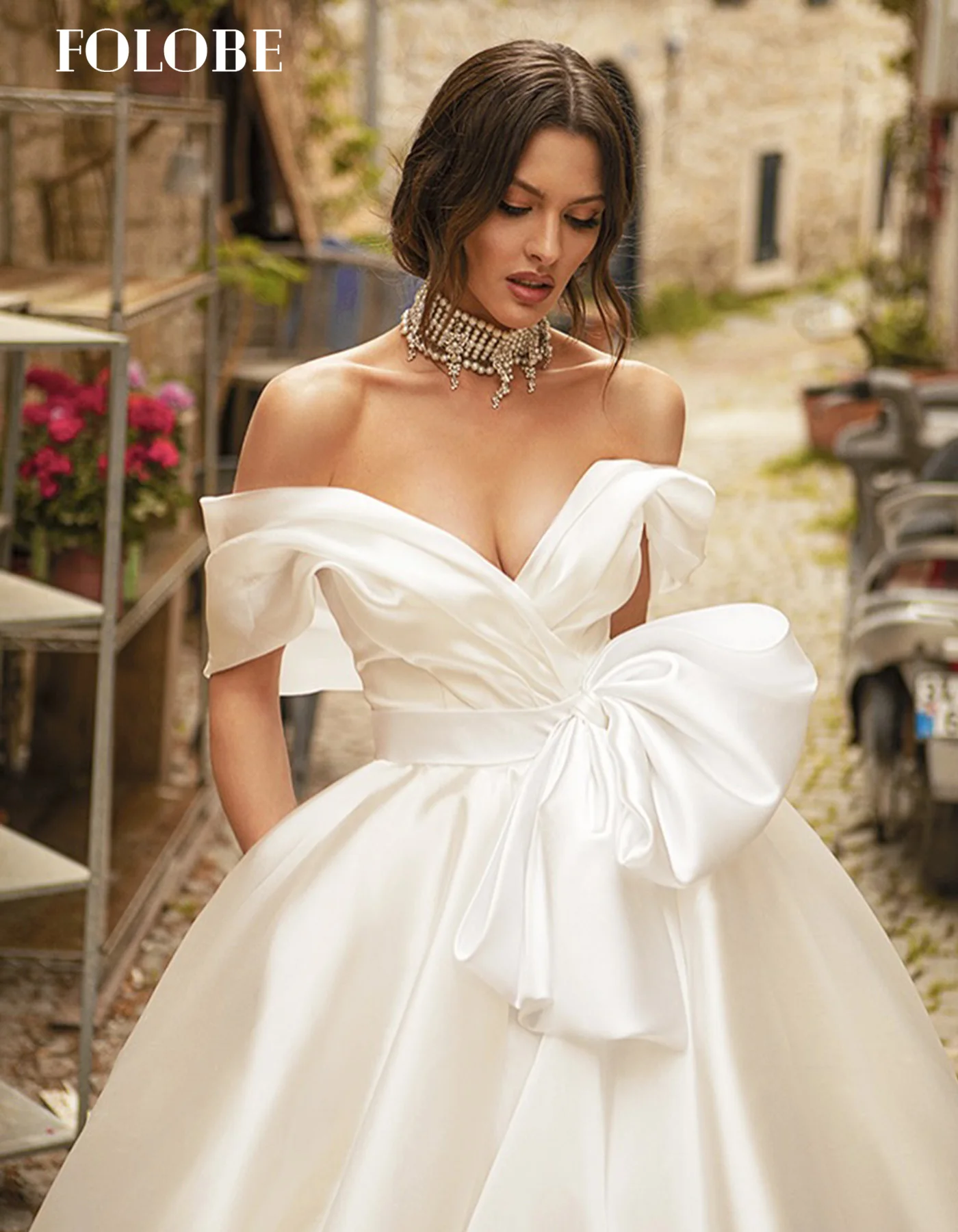 FOLOBE-vestido de novia línea a con hombros descubiertos, vestido de novia elegante con lazo plisado, vestido de novia con hombros descubiertos, vestidos de noche personalizados
