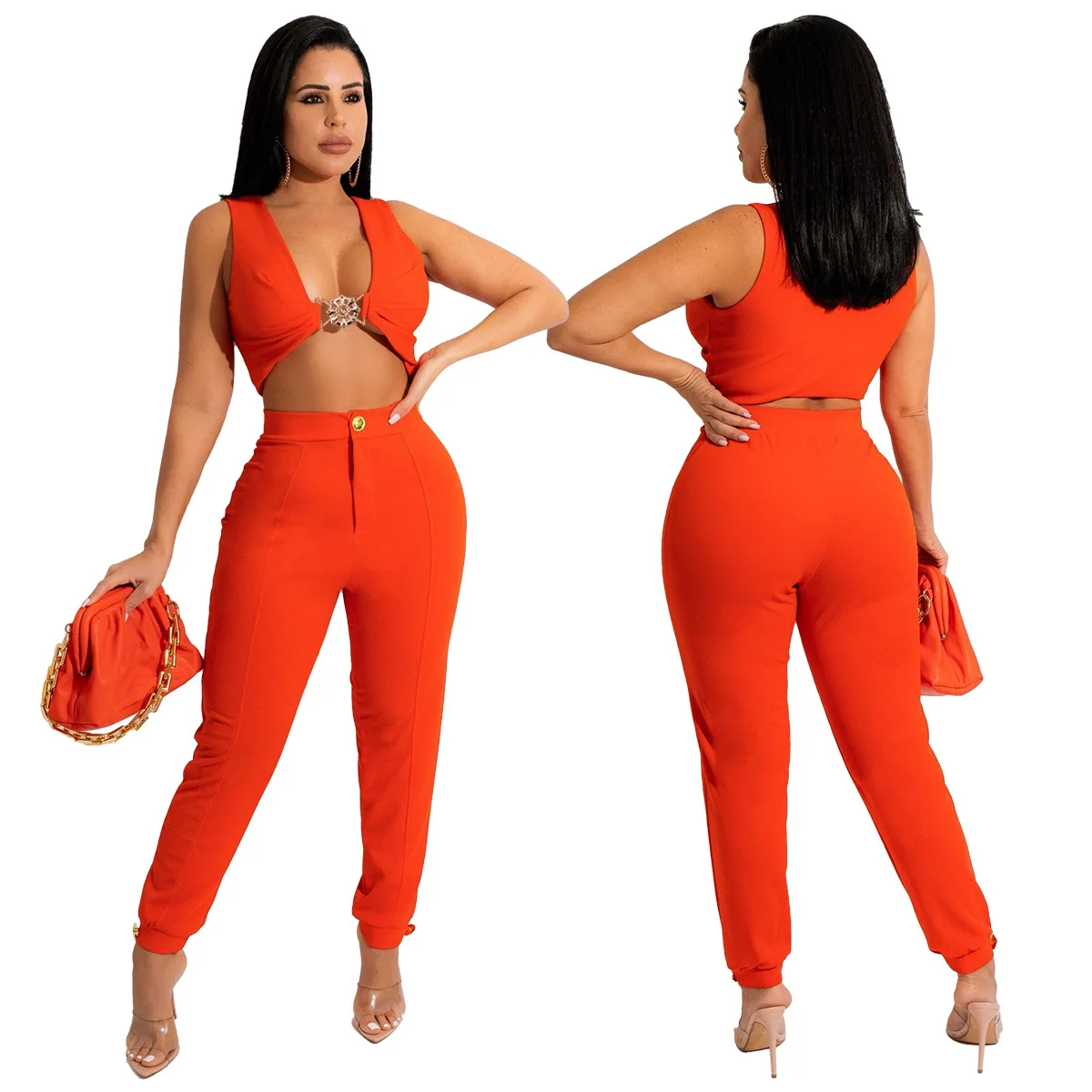 Casual 2 Piece Set Women Concise V-Neck Crop Tank Tops And Waist Pants Matching 2024 Summer TracKsuit