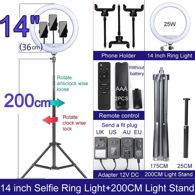 Gifts Photography Lamp Light Ring With Phone Holder Selfie Dimmable 10 12 14 Inch Available in Various Sizes Stand no 50 160cm