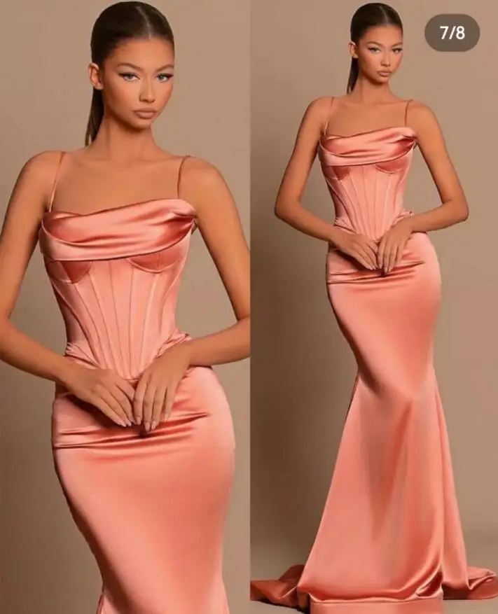 

Mearmaid Pink Prom Dresses Sweep Spaghetti Strap Evening Dress Open Back Wedding Guest Dress Abendkleider Robes De Soirée