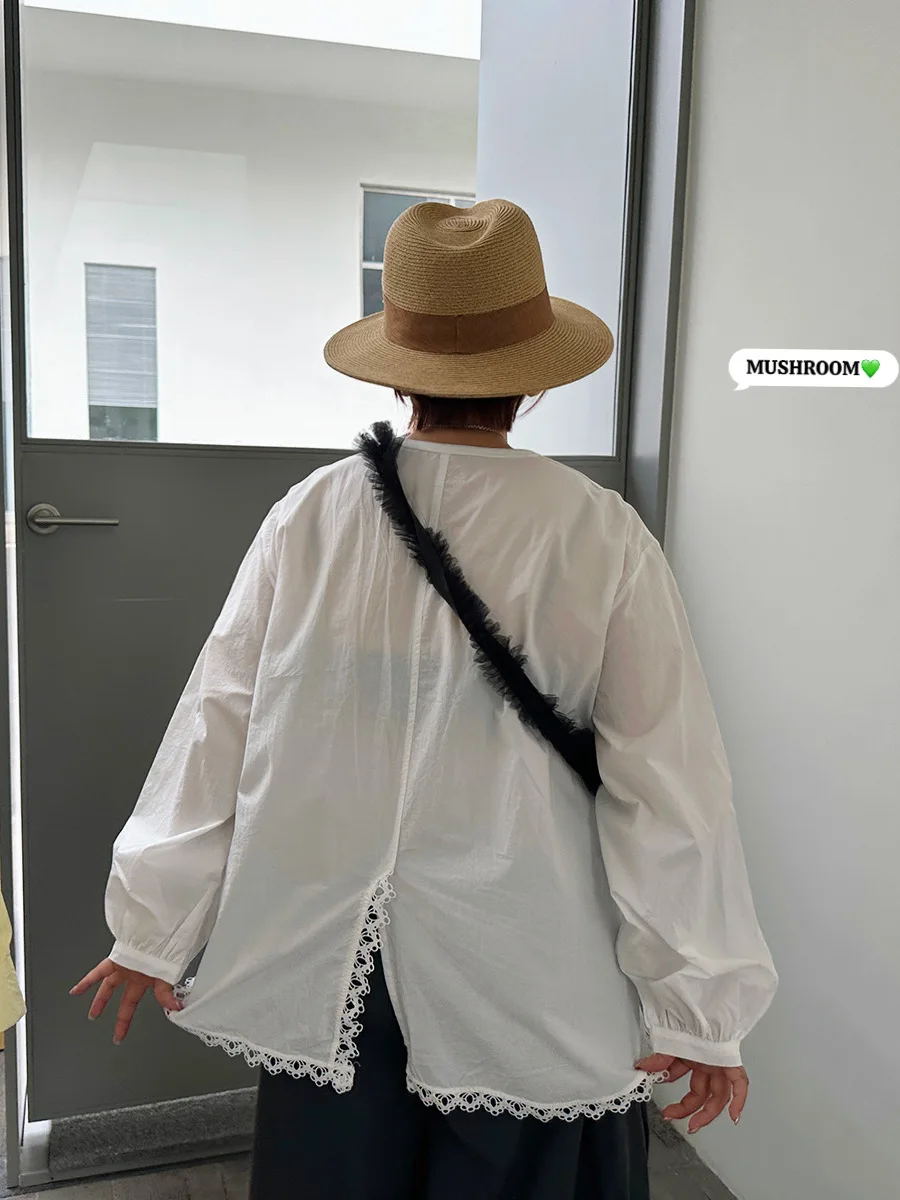 

Новинка 2026: Женская модная хлопковая рубашка с длинным рукавом в корейском ретро-стиле, с кружевным подолом и цветными вставками, от Mushroom Head Miss