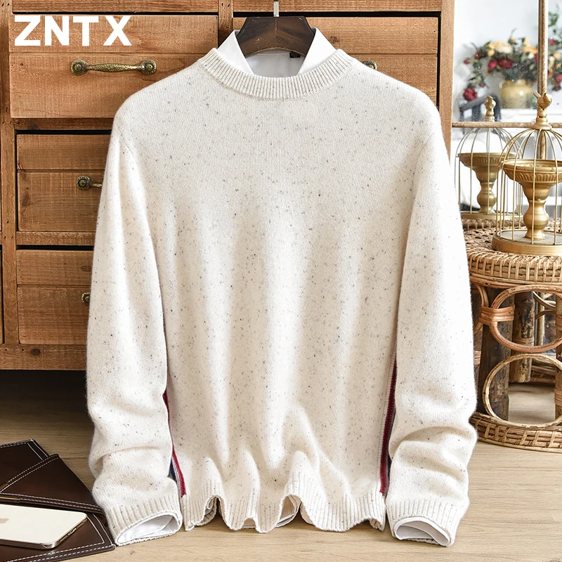 

Pure cashmere sweater men's round neck winter warm new style contrasting striped knitted loose sweater simple casual style