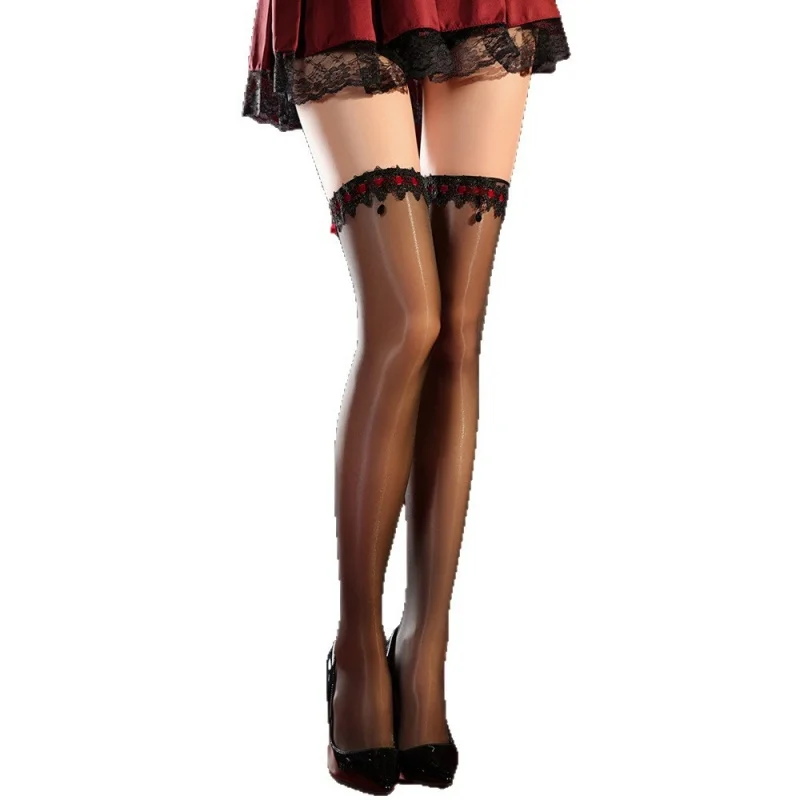 Women Lace-Strap Over-Knee Long Socks Gloss Tights Glossy Anti-Slip Thigh-High Hosiery Shiny Long Stockings Trendy Daily Look