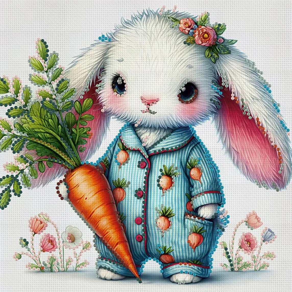 Bloomy Bunny Kreuzstich-Set zum Selbermachen, 11CT, Stickerei, Heimwanddekoration, Geschenk, handgefertigtes Material, rahmenlos, halbfertig, 36 x 36 cm