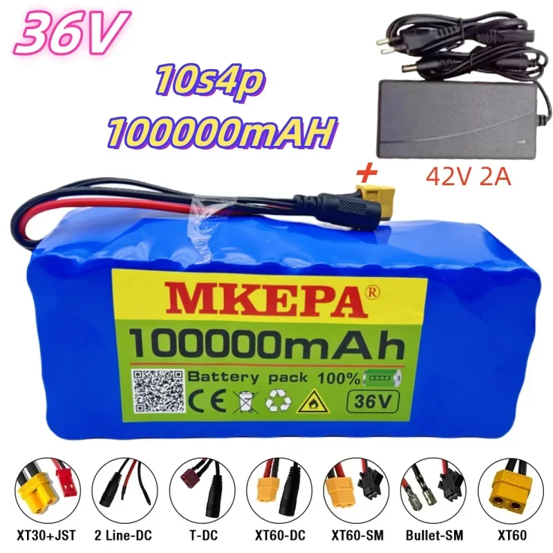 36V 10S4P 100000mAh battery pack 500W high-power battery 42V 100000mAh electric bicycle BMS 42V 2A charger with optional plug