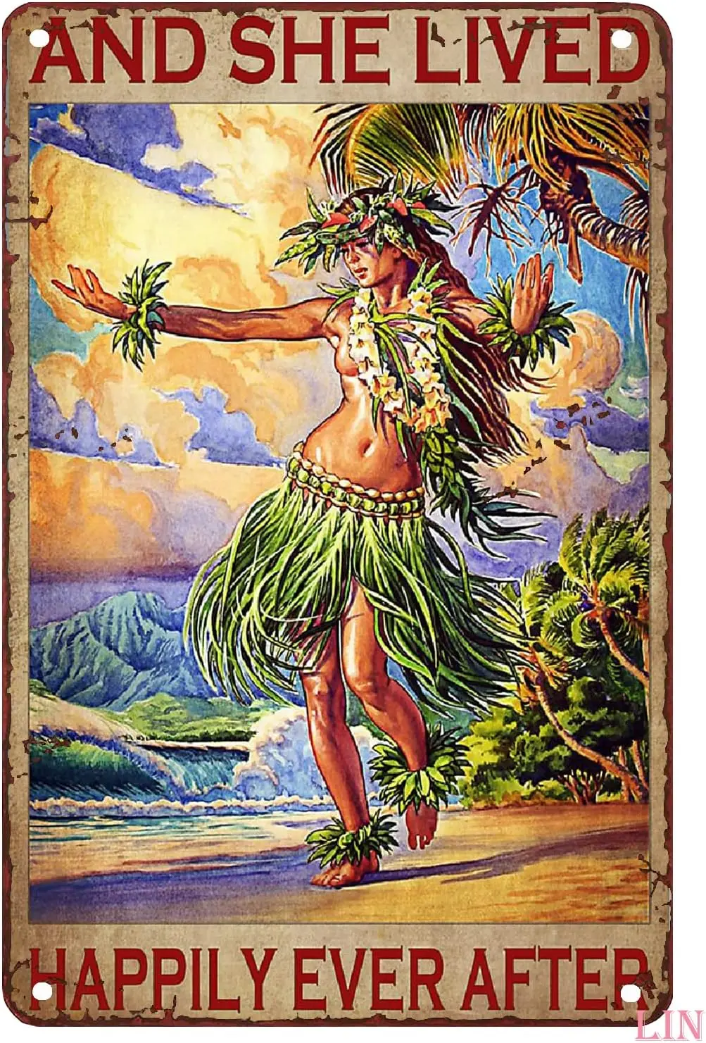 Hawaii Tin Poster Hawaiian Hula Girl and She Lived Happily Ever After Metal Signs Vintage Room Decor Aesthetic Wall Art Tin Sign