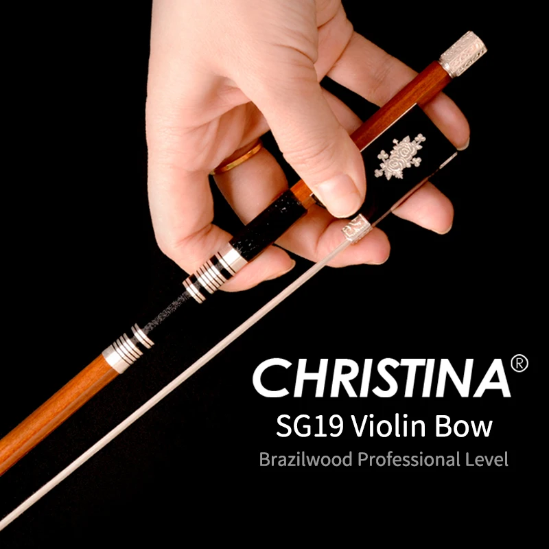 

Скрипичный смычок CHRISTINA Premium для профессионалов SG19, изготовленный из древесины пернамбуко, с круглым древком, резным винтом, эбеновой колодкой и шелковой серебряной обмоткой, размер 4/4.