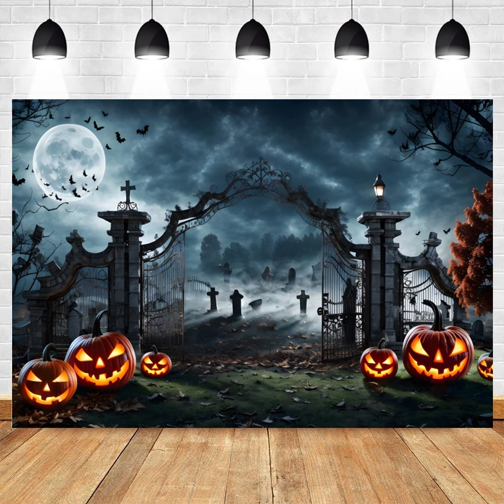 Graveyard Castle Halloween Photography Backdrop Spooky Night Moon Cemetery Party Banner Sugar Skull Pumpkin Background Photo