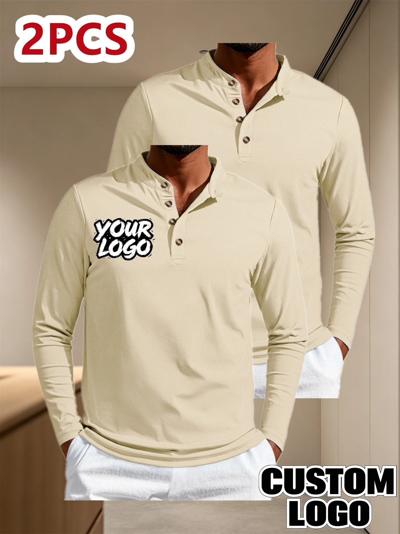 2pcs Custom Men's Long Sleeve Polo Shirts - Personalized Solid Color Suitable for Casual, Athletic