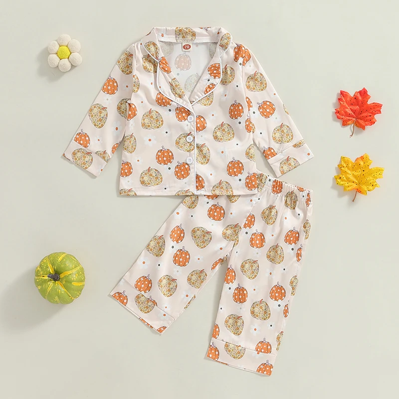 2024-05-24 Lioraitiin Kids Girls Halloween Pajamas Set, Pumpkin Print Long Sleeve Tops with Elastic Waist Pants Sleepwear