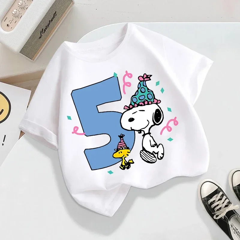 Kawaii Snoopys Short Sleeve T-Shirt Cotton Summer Tops for Kids Boys & Girls Birthday Digit 1-9 Tees Kids Gift