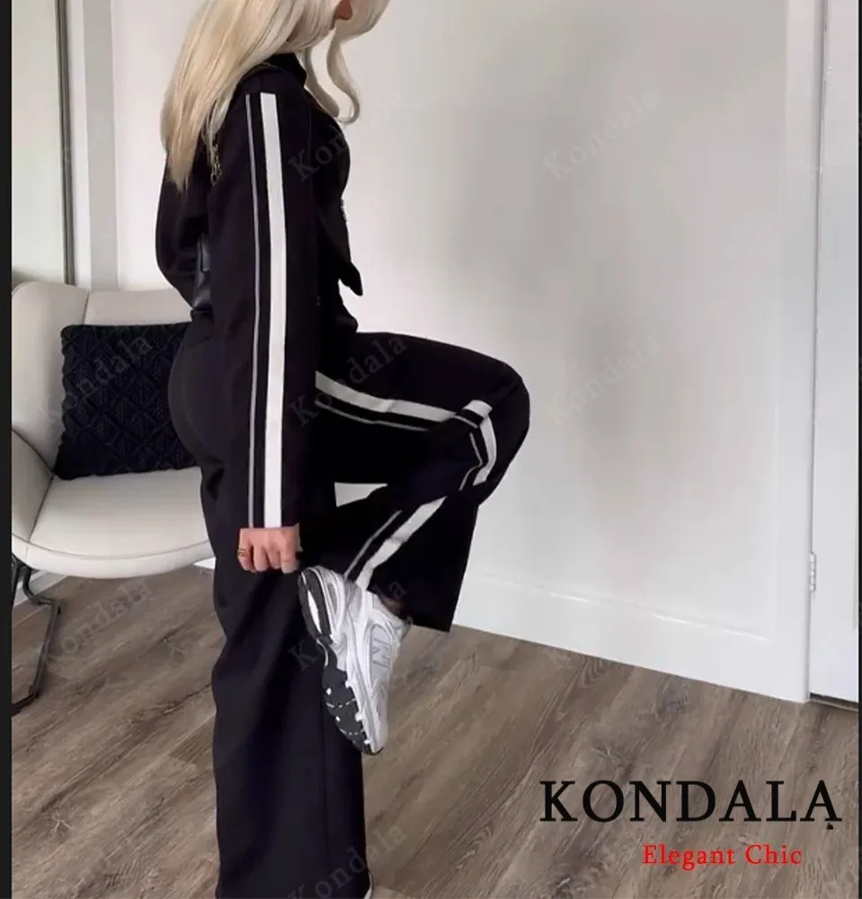KONDALA المرأة عادية مجموعة بناطيل رجالي الجانب شريط سترة جاكيت زيبرا واسعة الساق بانت 2 قطعة مجموعة 2025 ربيع الخريف موضة النساء البدلة