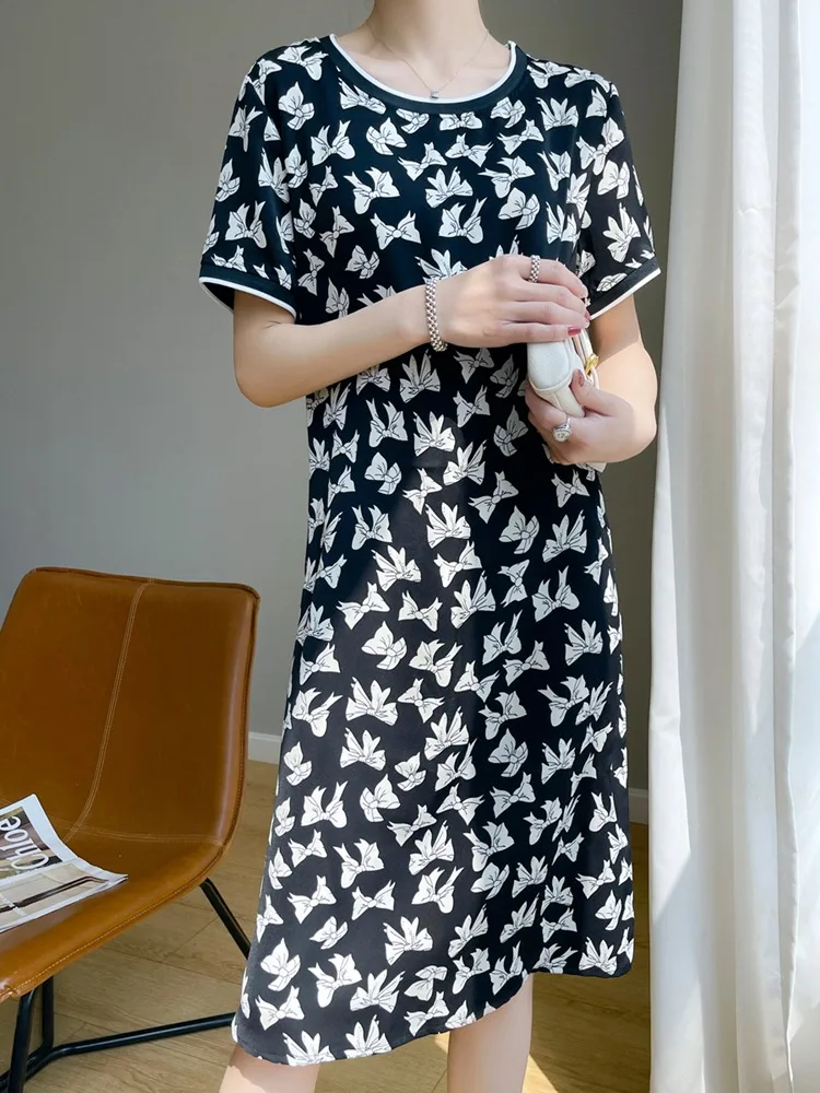 Été imprimé fleuri Midi Dr femmes taille ample acétate Satin ort Sve jupe tube droite coréen Sle rond Ne T-S...