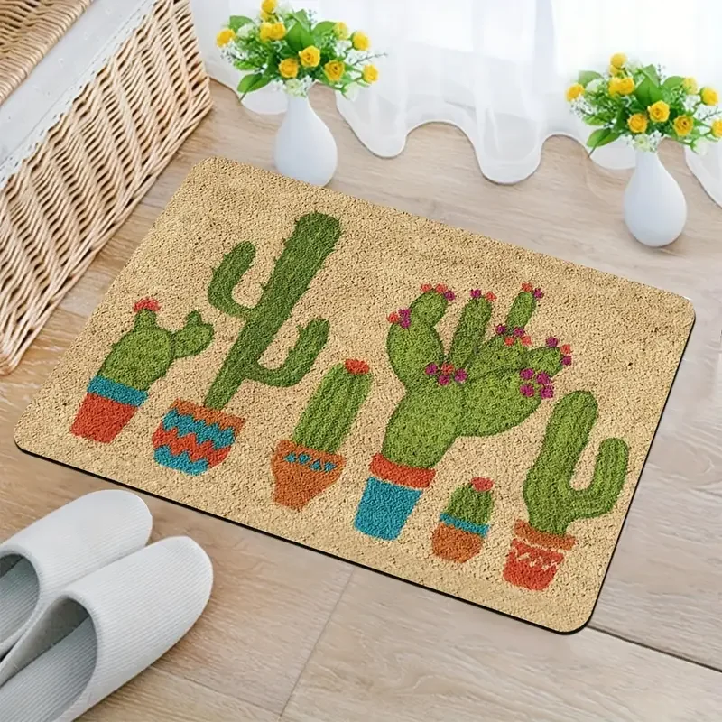 Door Mat Colorful Potted Cactus Pattern Non Slip Print Entryway Rug for Boho Home Decoration