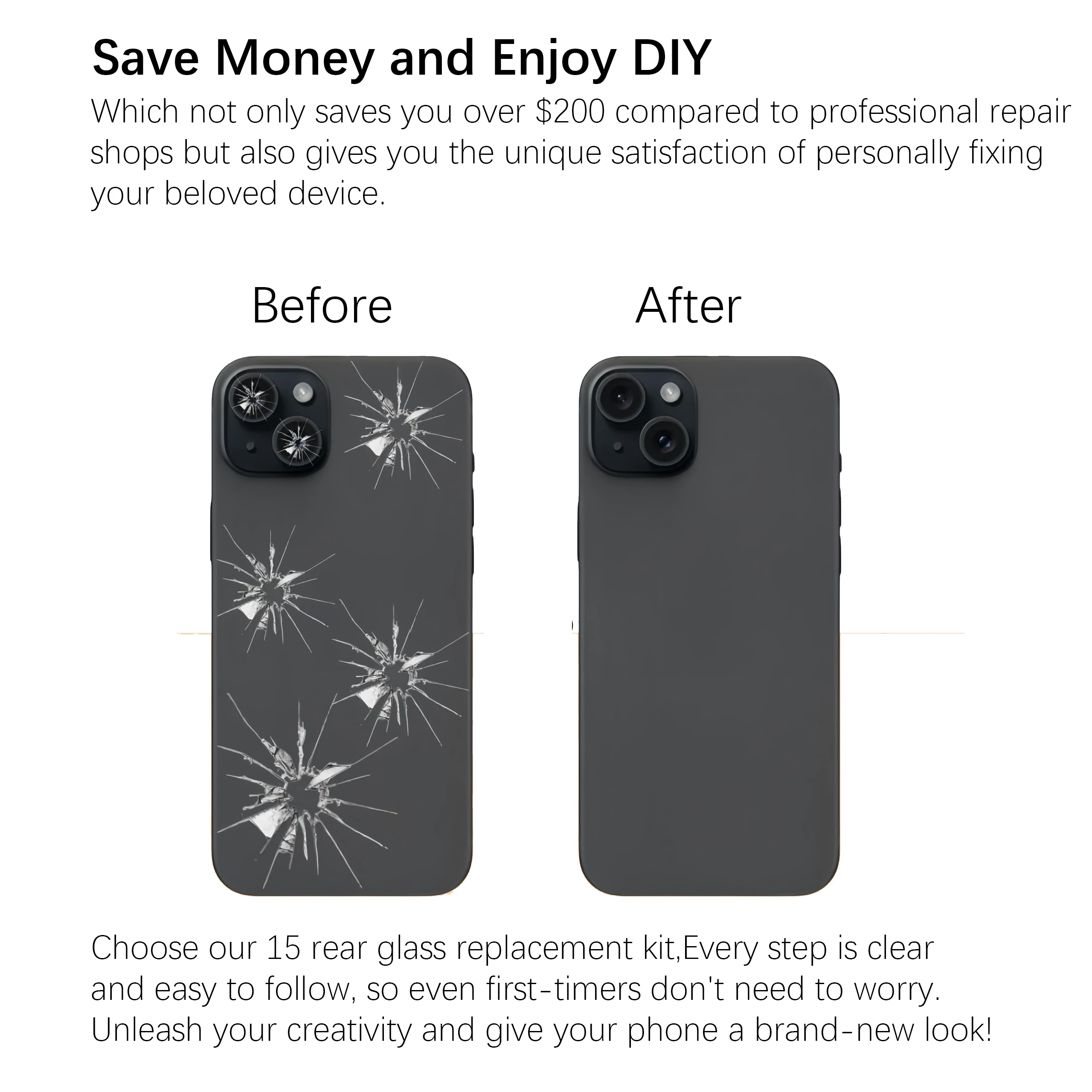 بديل الزجاج الخلفي لهاتف iPhone 15 - غطاء خلفي بإطار مقاوم للماء وعدسة الكاميرا ومجموعة أدوات إصلاح احترافية