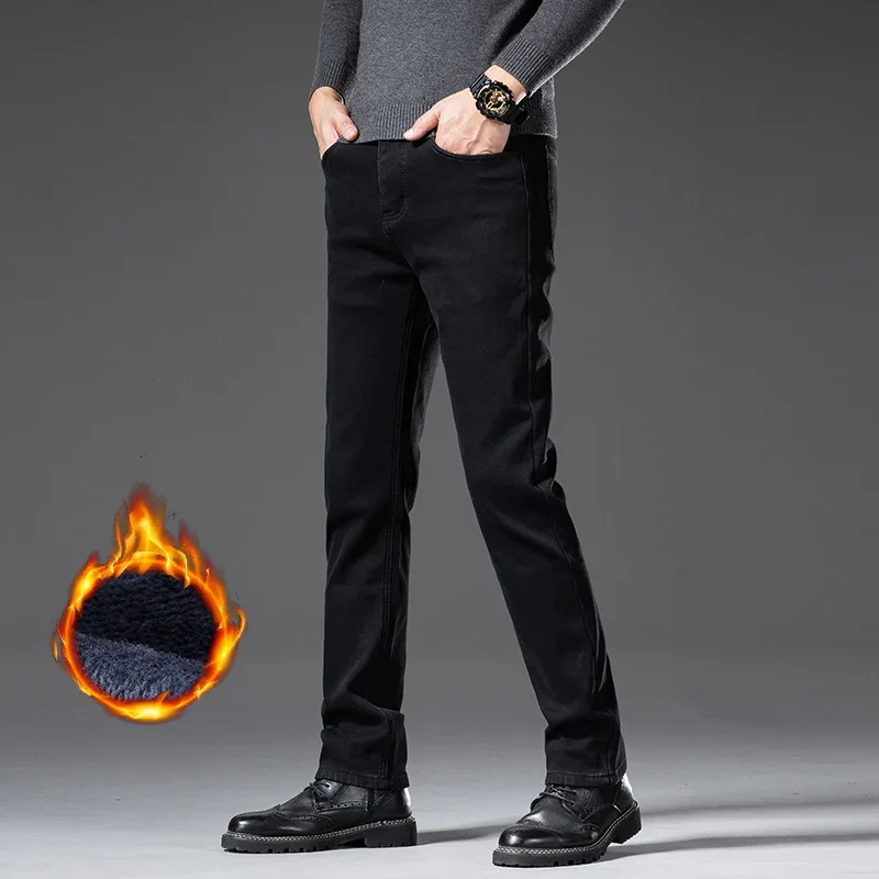 Calças de brim retas finas forradas de lã dos homens inverno quente veludo grosso denim calças térmicas de pelúcia casual workwear elegante ajuste confortável