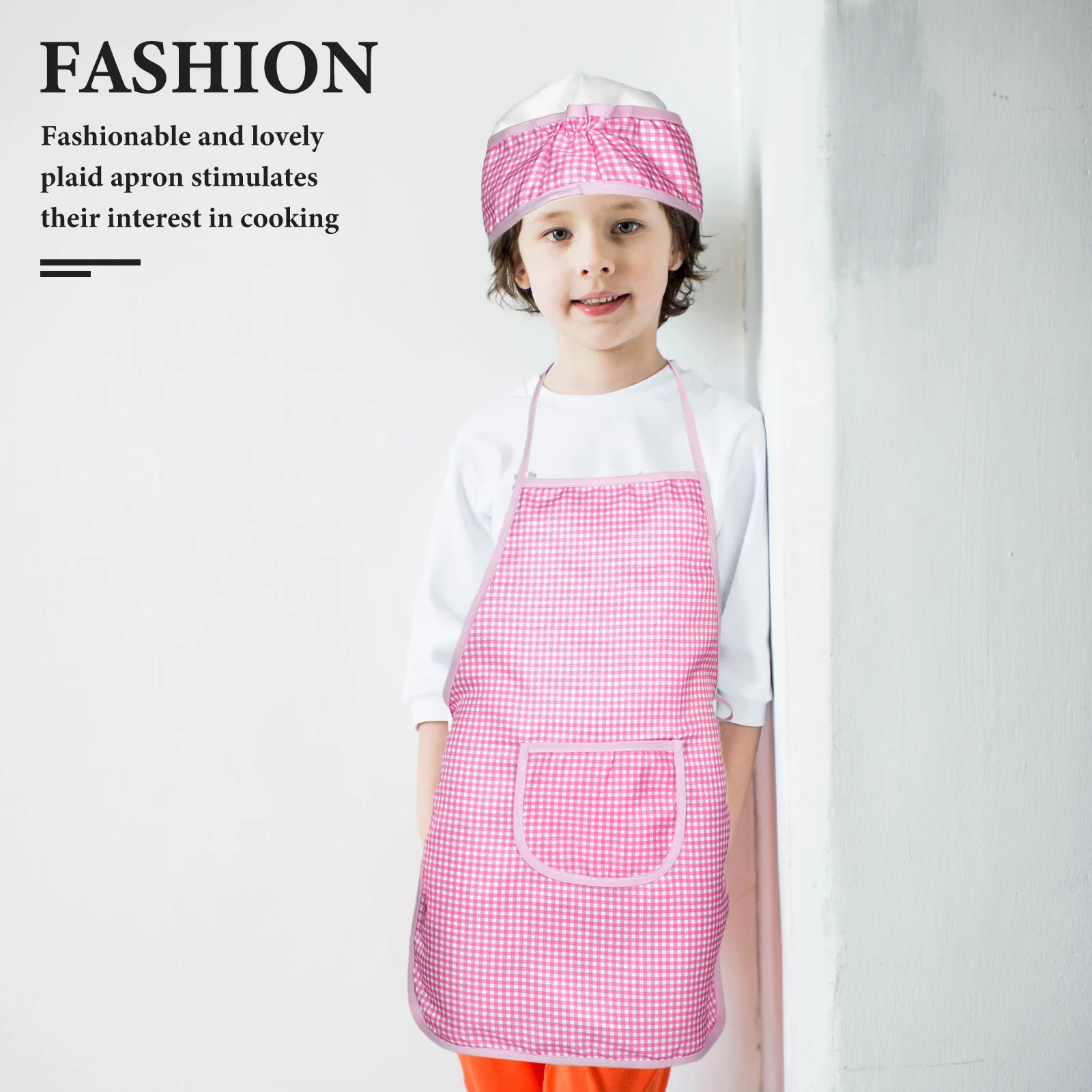 

Children Kitchen Apron Set Pink Checkered Adjustable Kids Cooking Tool Pretend Play Baking Chef Materials Toddler