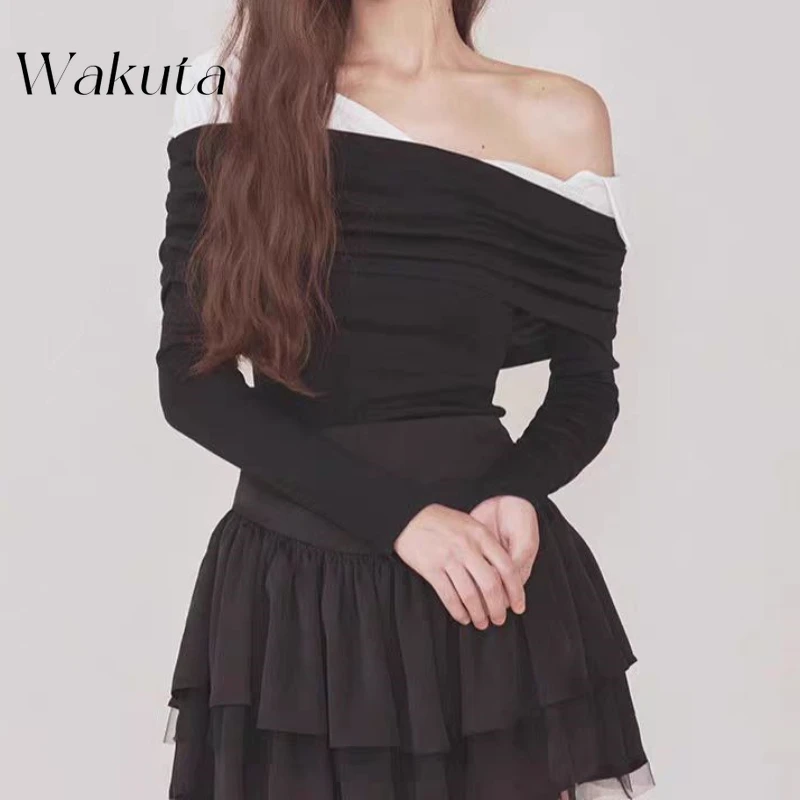 WAKUTA Korean Diagonal Collar Knitted Shirt Spring Pure Temperament Off Shoulder Long Sleeve Top Retro Slim Fit Pleated Pullover