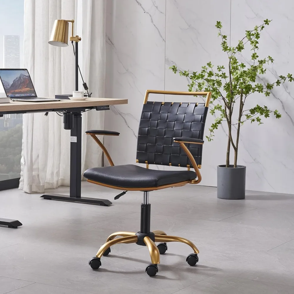 

elegant black office chair with white and gold accents and swivel wheels