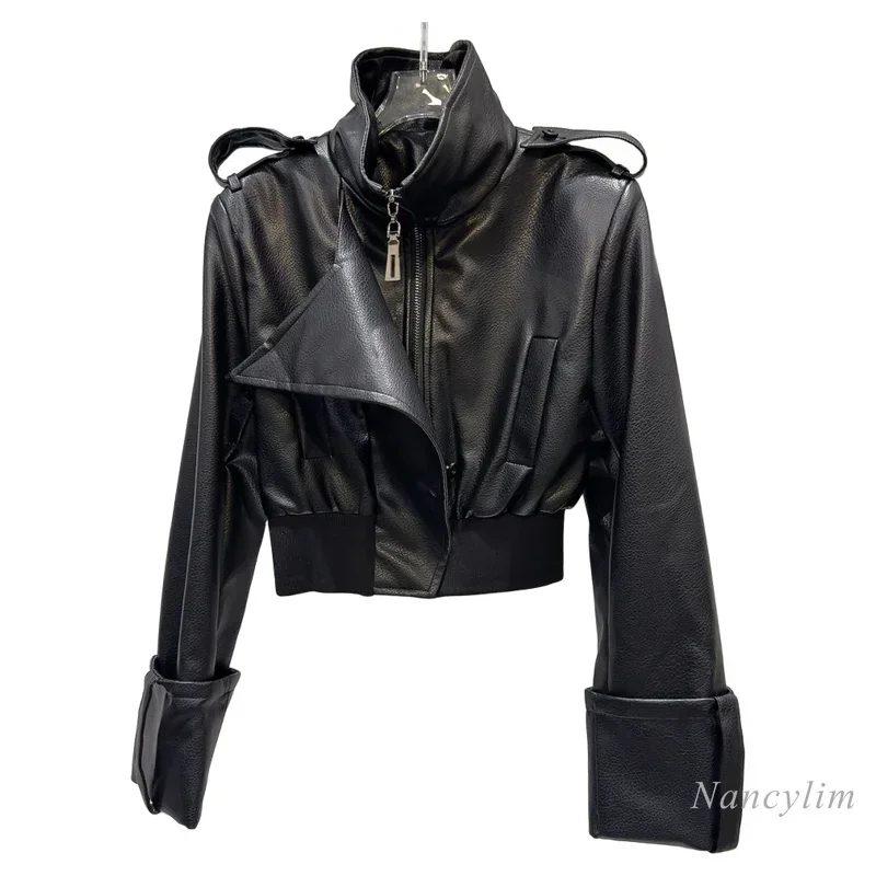 2024 Autumn New American Spice Girl Big Lapel Zipper Lychee Leather Locomotive Leather Jacket Short Coat for Women Cool Jackets