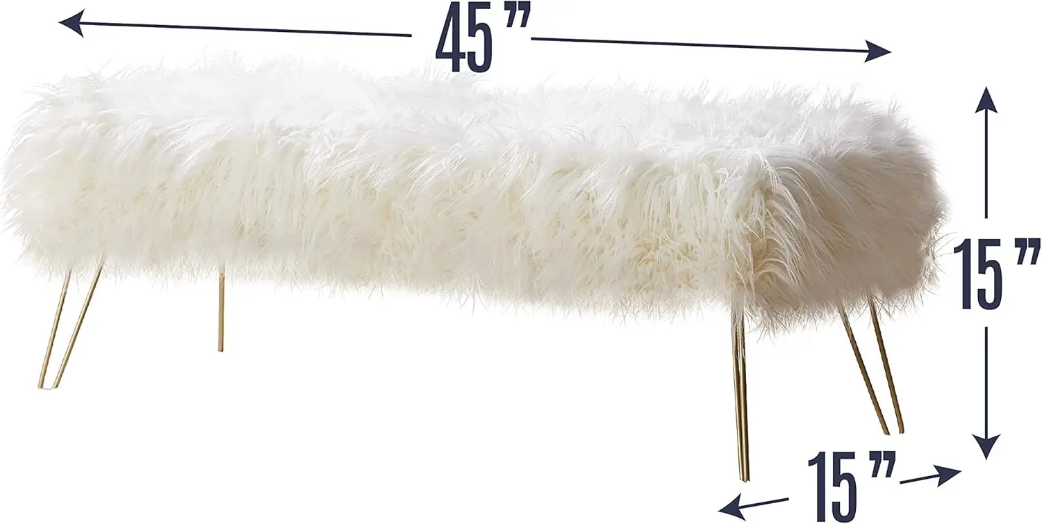 Home Modern Contemporary Faux Fur Long Bench Ottoman Foot Rest Stool/Seat with Gold Metal Legs - 15