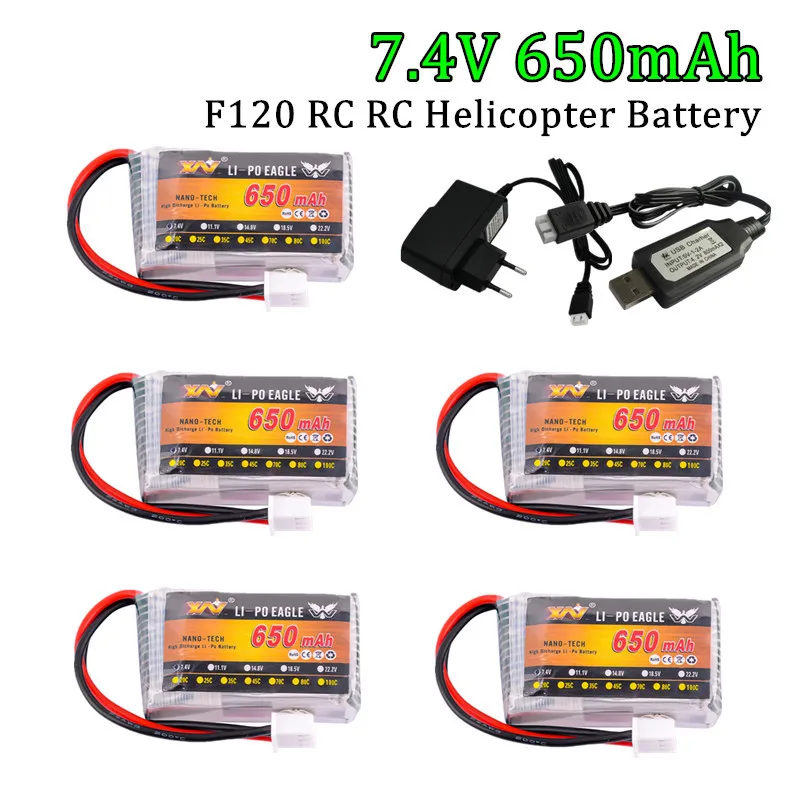 7,4V 650mAh 25C Lipo-Akku für YXZNRC F120 RC-Helikopter-Teile 2S 7,4V Wiederaufladbarer Akku/Ladegerät Geeignet für RC-Spielzeugteile