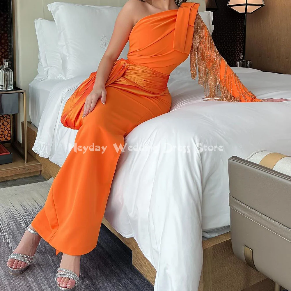 Heyday فساتين سهرة نسائية كريب بكتف واحد وغمد بطول الكاحل وأكمام طويلة مع شرابة مطرزة فساتين أنيقة 2025