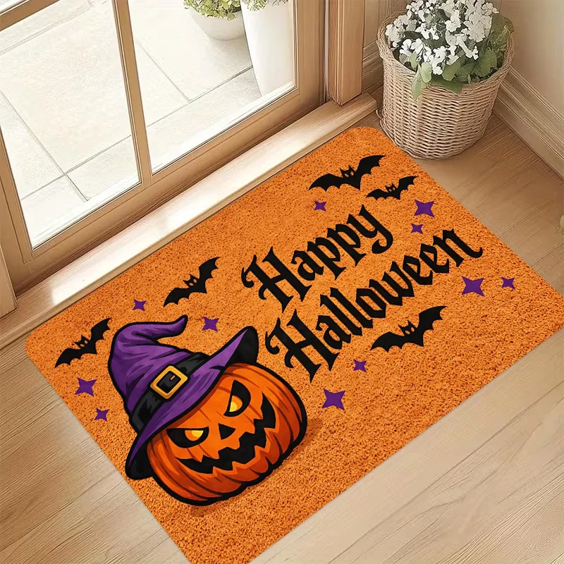 Happy Halloween Witch Hat Pumpkin Doormat, Bat Star Print Entry Mat, Spooky Season Front Door Decor Rug