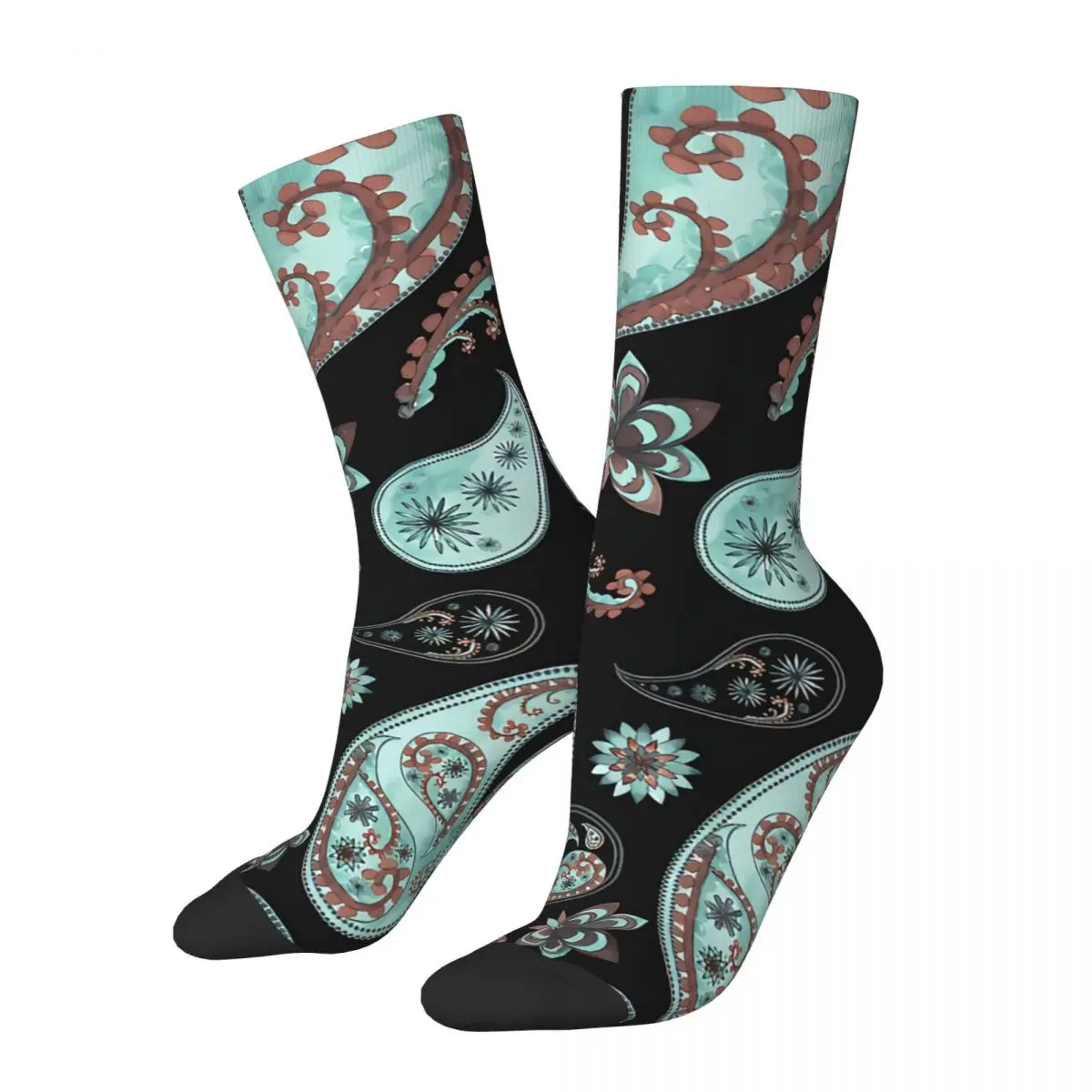 

Crazy Sock for Men Aqua And Black Persian Paisley Pattern Hip Hop Harajuku Paisley Style Happy Pattern Printed Boys Crew Sock