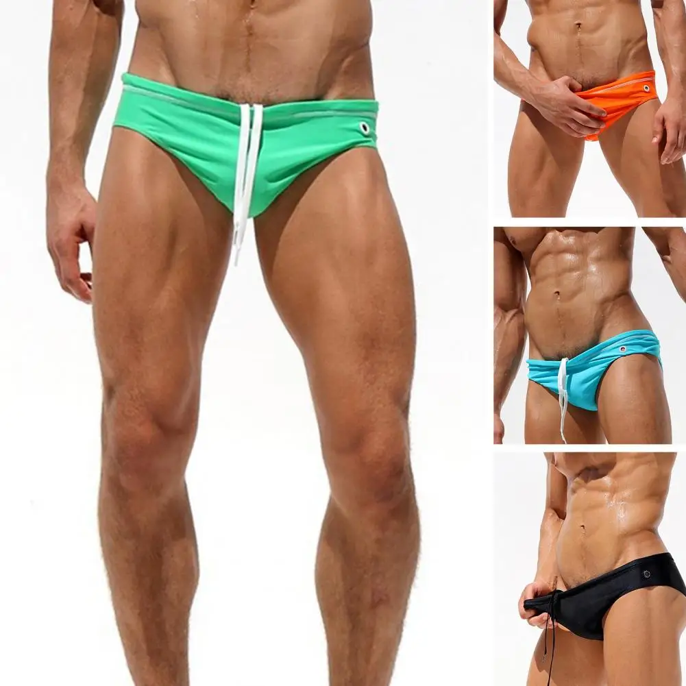 Swimming Trunks Solid Color Mid Waist Male Swim Briefs Lace-up Sweat-wicking Men Bikini Beachwear Swimwear Мужское Бикини