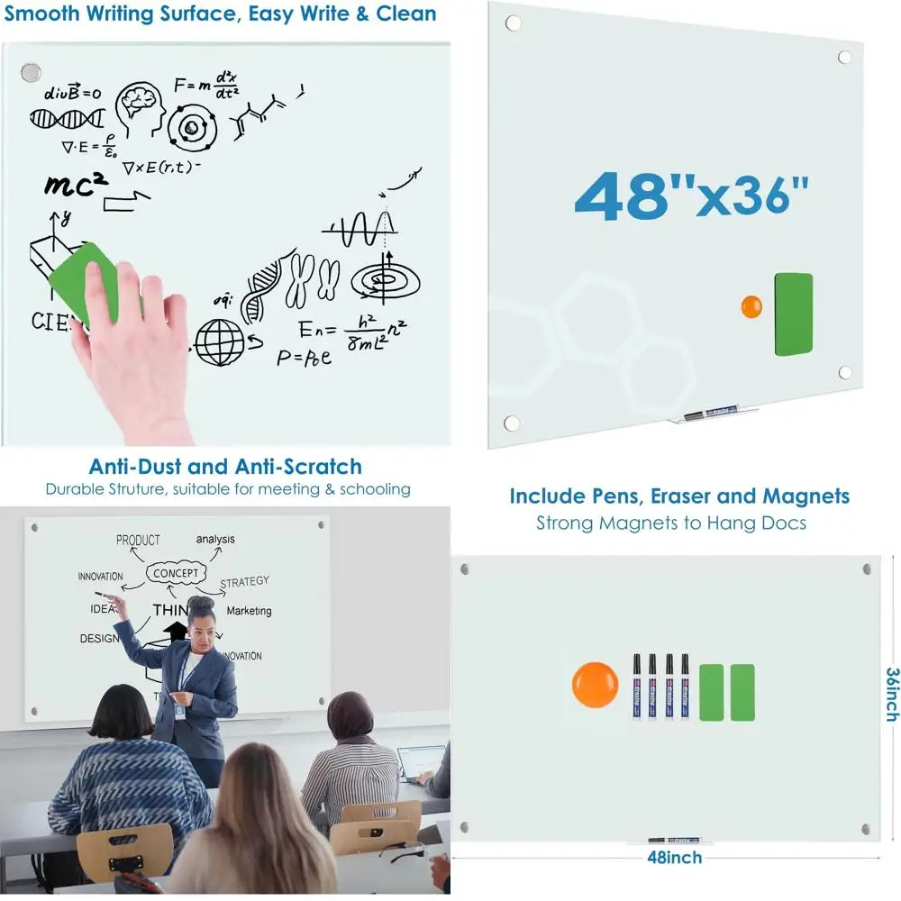 لوح مسح جاف مغناطيسي مثبت على الحائط، 48 × 36، مع مغناطيس وممحاة واحدة