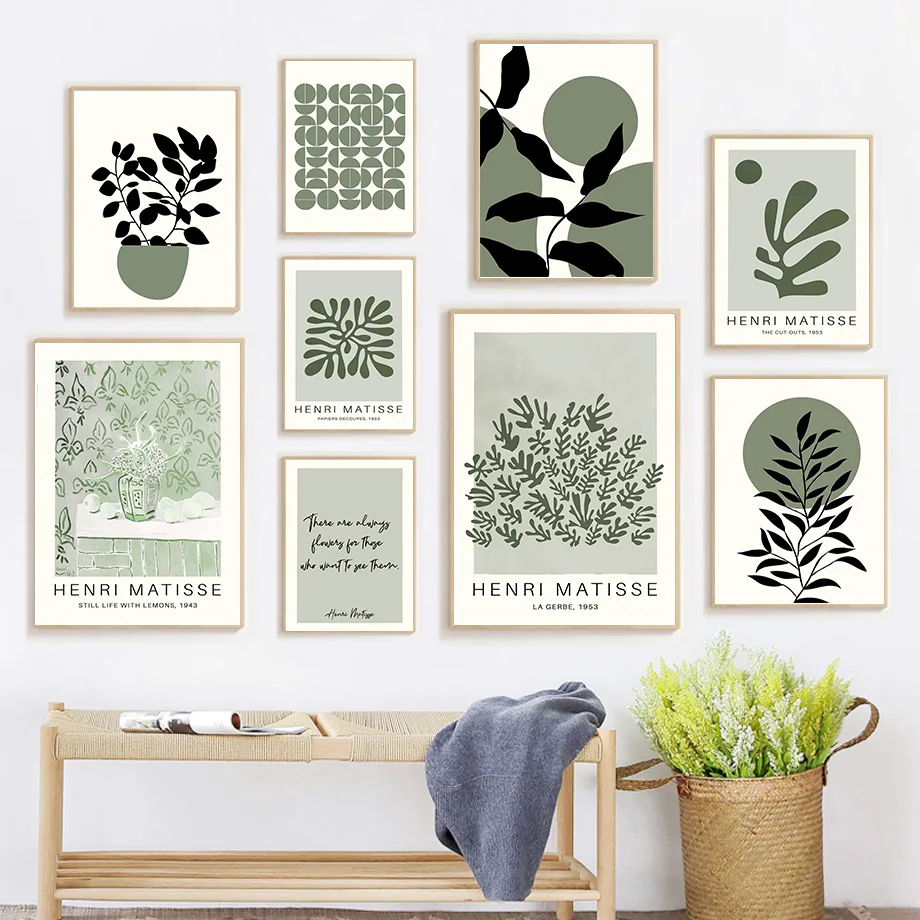 Boho Matisse Green Leaves Sun Geometry Wall Art Canvas Painting Abstract Lines Posters And Prints Pictures For Living Room Decor
