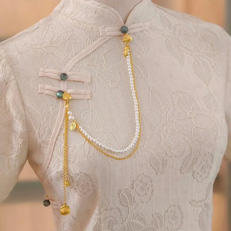 Women Hanfu Imitation Pearl Brooch Fashion Jewelry Long Hanging Tassel Cheongsam Accessories Alloy Cheongsam Pressed Lapel