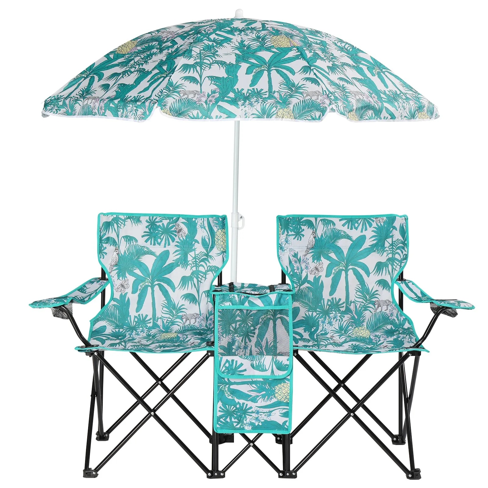 

2PCS Folding Chairs with Umbrella, Picnic Cooler Camping Beach Table for Outdoor