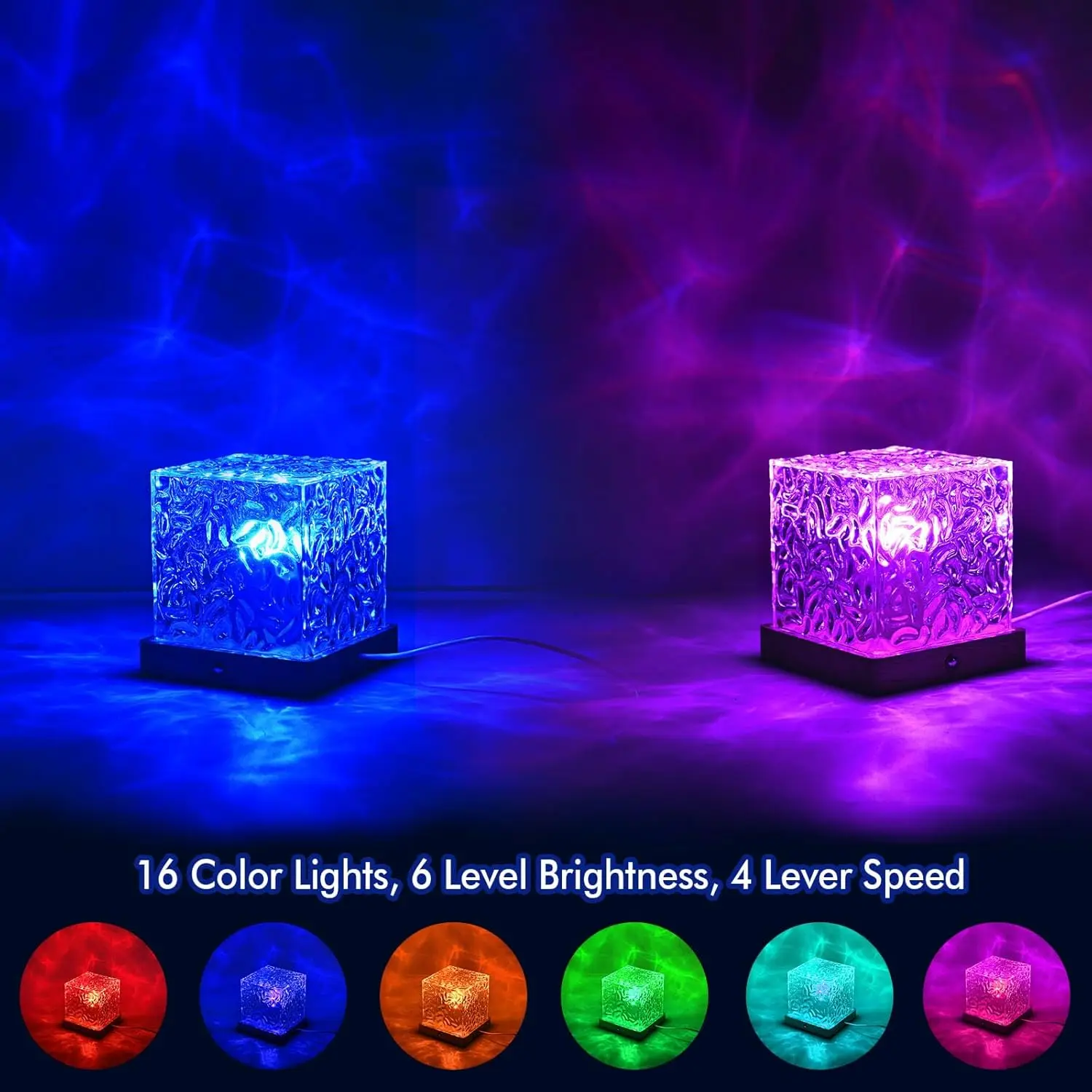 Rotating Water Ripple Table Lamp USB Aurora Night Light Remote Control 16 Colors Change Ocean Wave Cube Desk Light Bedroom Decor