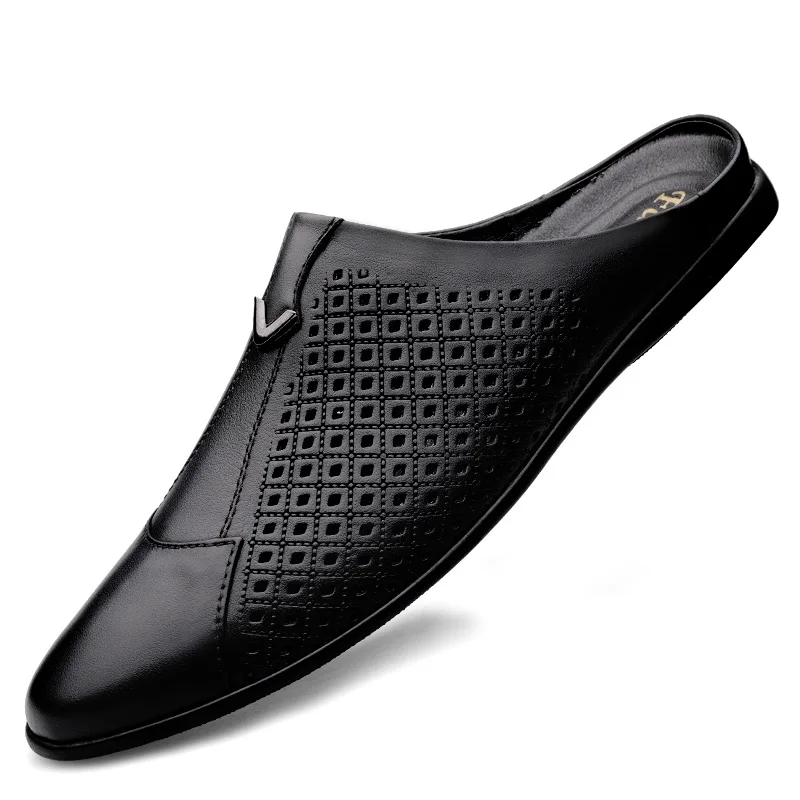Summer Punched Half Slipper Loafers Flat Bottomed Comfortable Casual Outdoor Hiking Shoes Leather Pointed Breathable Slippers