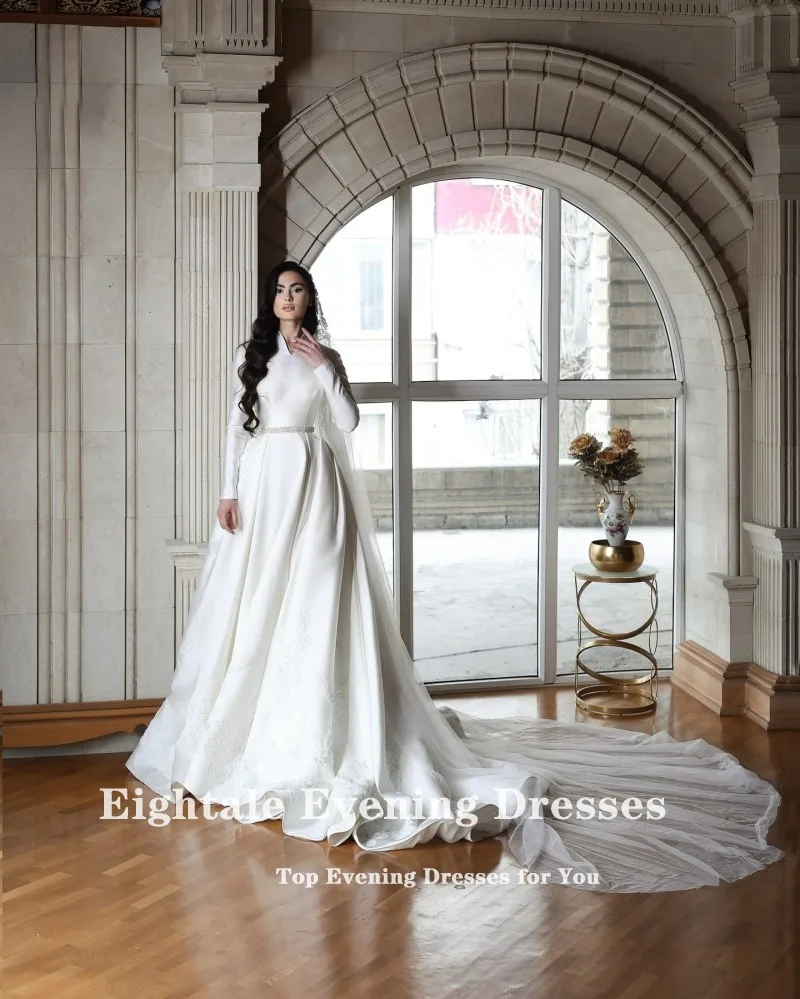 Eightale Abito da sposa arabo Personalizzato Bianco Avorio Scollo a V Perline Maniche lunghe Pizzo Abito da sposa in raso musulmano Robe De Mariée