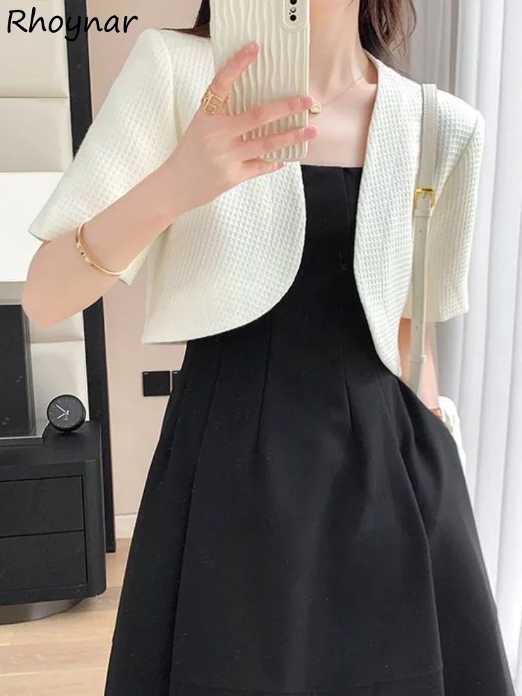 Blazers Women Cropped Elegant Summer Office Lady Short-sleeve Temperament Solid Open Stitch Chic French Style Daily Outerwear